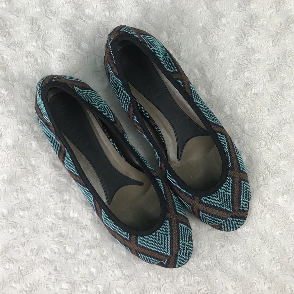 Marni Peep Toe Flats 38 1/2 Purple Brown Print